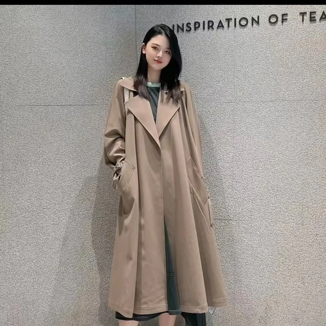 AMASS阿玛施 绵羊毛气质长袖百搭翻领长款系带风衣外套女5400848