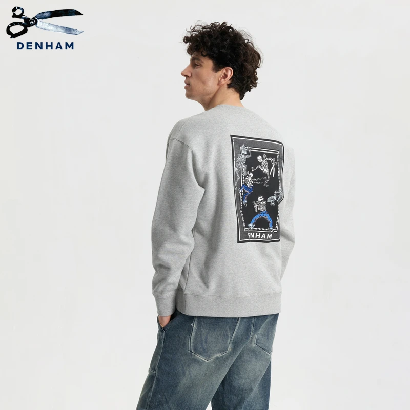DENHAM男士时尚潮流黑色灰色方框浮世绘骷髅卫衣