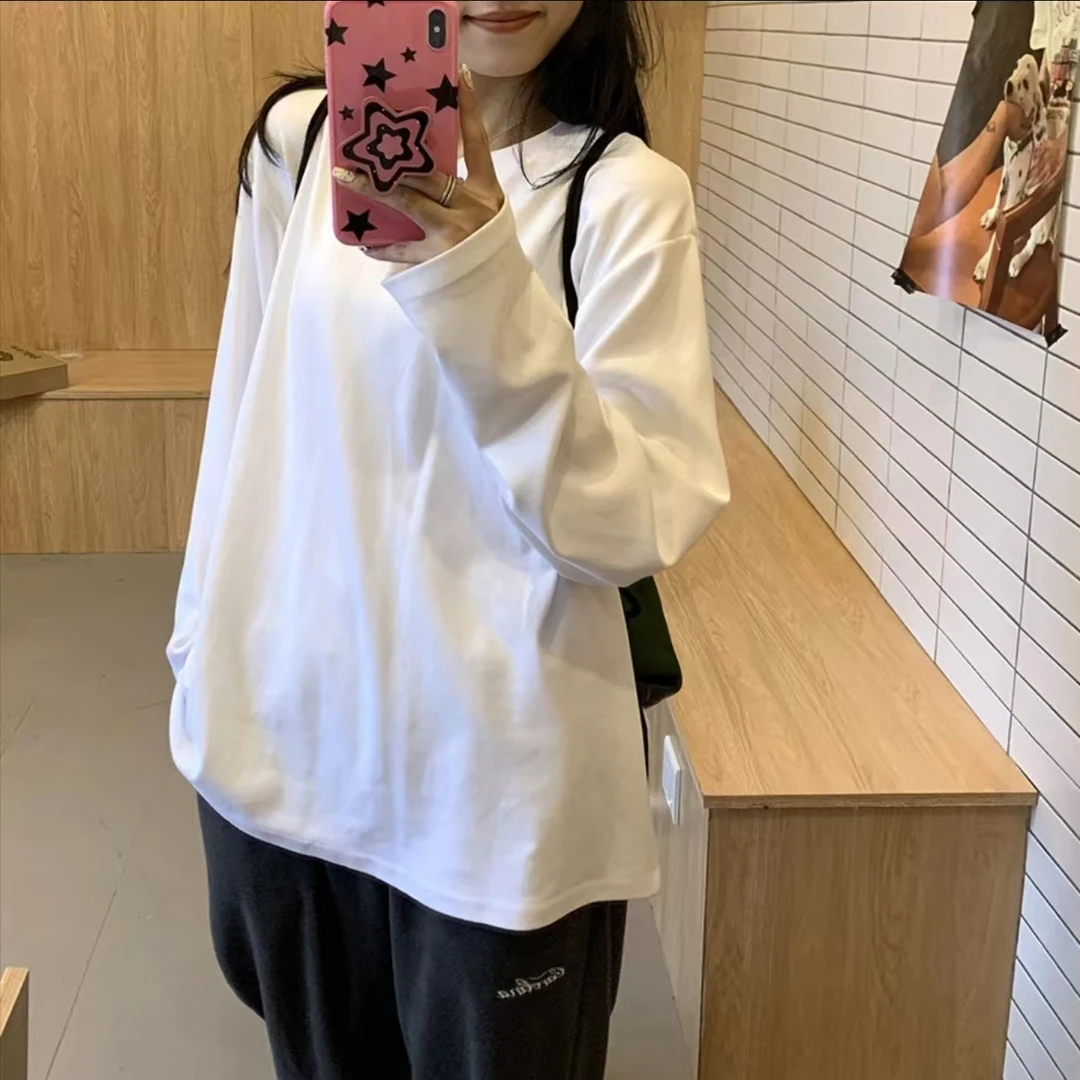 HandSeven秋季简约百搭打底衫宽松男女同款圆领纯色长袖T恤