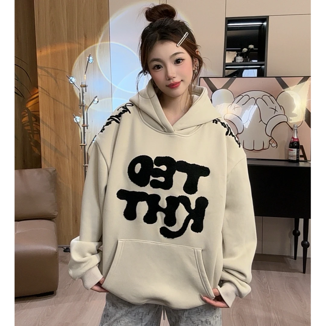 HandSeven韩版高街复古字母植绒美式宽松连帽男女卫衣秋冬新款