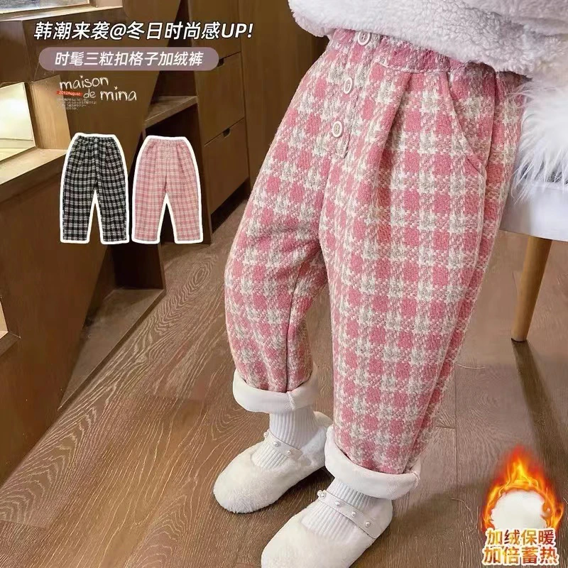 2023新款秋冬小女孩洋气格子一体绒加厚裤子女童冬季外穿休闲长裤