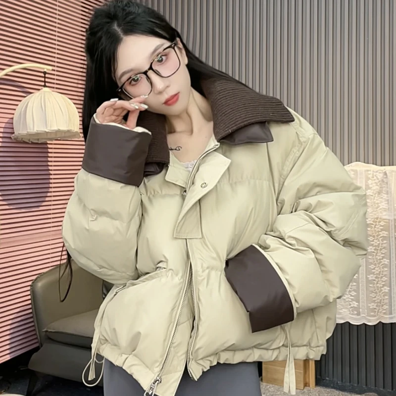 2025年冬季欧货针织翻领羽绒服女短款小个子蛋白皮拼接加厚外套