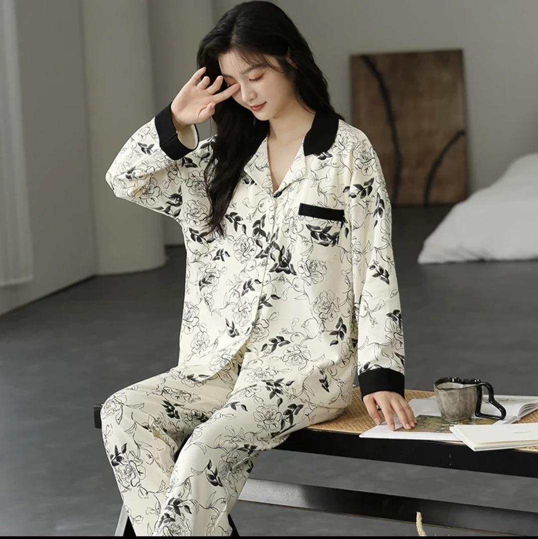 【带胸垫】2024新款100%全棉春秋季开衫韩版家居服套装