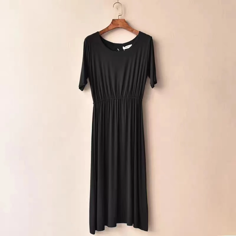 夏季短袖宽松气质连衣裙纯黑色中长款收腰修身百搭女装连衣裙