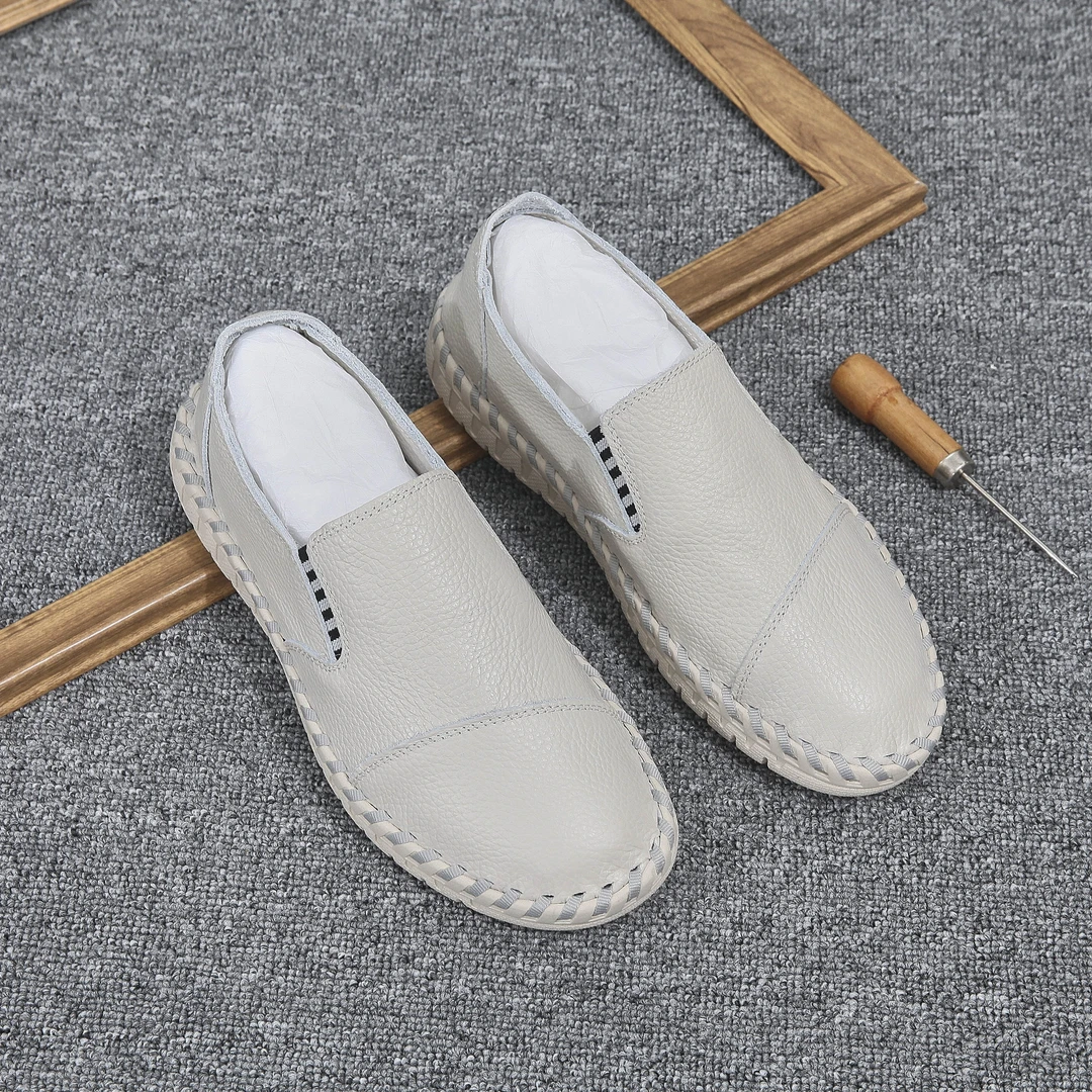 2025头层牛皮男款手工皮鞋透气软底潮流真皮百搭豆豆鞋手工缝包鞋