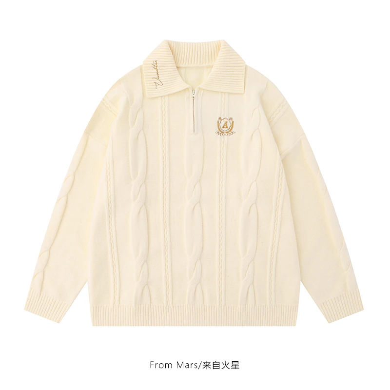 From Mars留下了印记 日系温柔刺绣半拉链POLO领针织毛衣宽松休闲