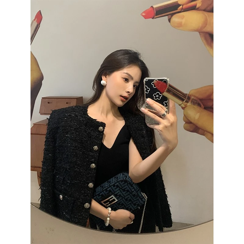 ADA MISS冬季高级感时髦羊毛粗花呢蝴蝶纱宽松小香外套女黑色
