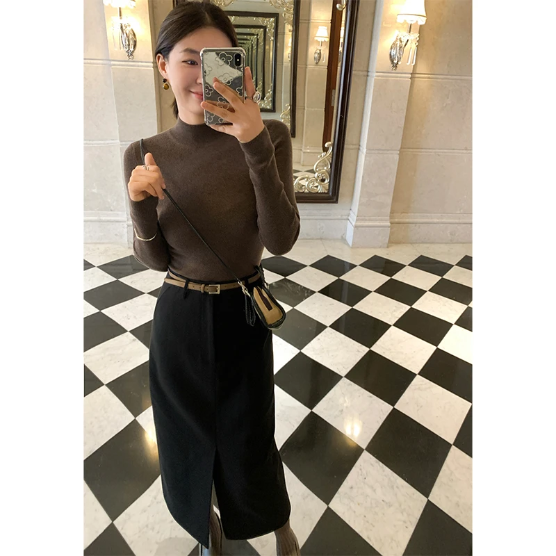 ADA MISS冬2023新款时髦加厚中长款高腰显瘦毛呢西装收胯半身裙女