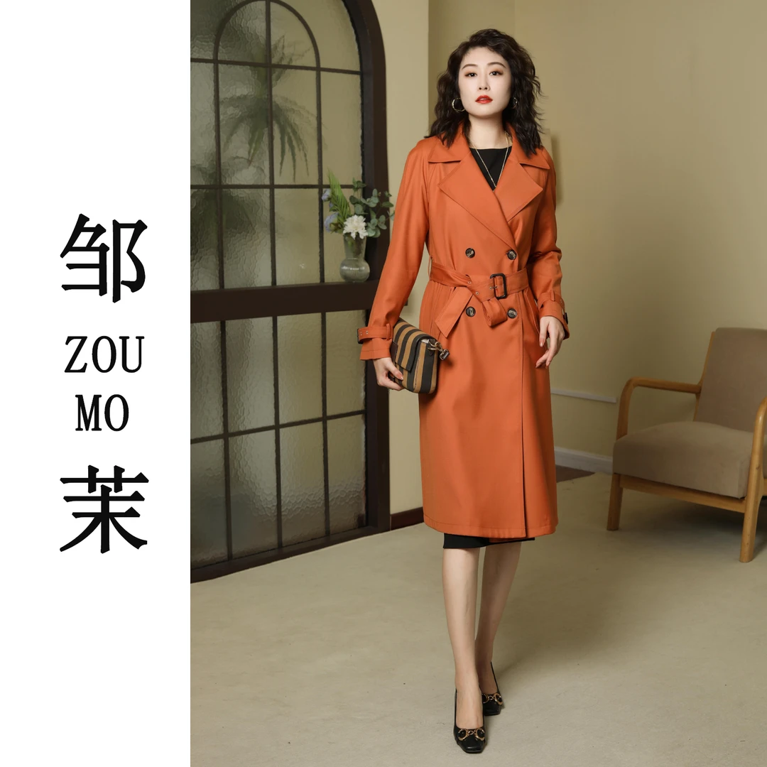 金标“常春藤“可水洗精仿英伦范收腰修身插肩袖中长款风衣外套女