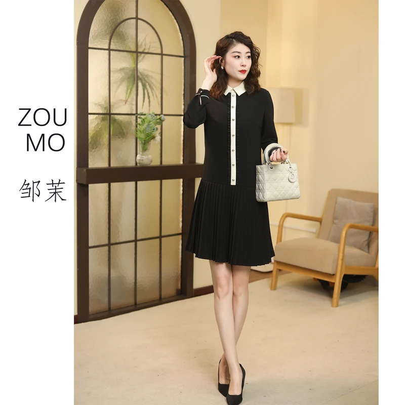 ZOUMO/邹茉“胶囊衣厨”复古直筒百褶风琴黑白撞色连衣裙休闲A字裙