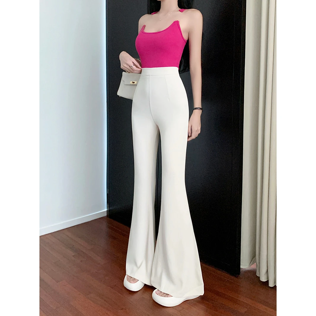 薄款白色微喇叭休闲裤女装外穿高腰修身显瘦裤子垂感拖地马蹄长裤