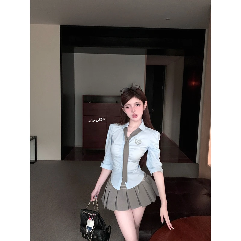 美式穿搭一整套辣妹褶皱收腰衬衫中袖蝴蝶结百褶裙搭配套装女装