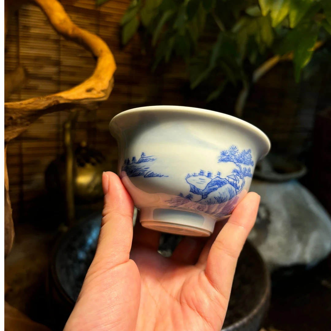 景德镇陶瓷手工手绘青花柴窑山水压手主人杯