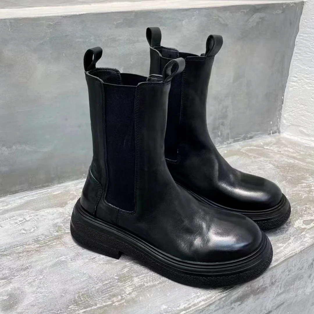 保暖搭子加绒牛皮烟筒靴手工皮胚时尚百搭女黑色厚底短靴烟筒靴潮