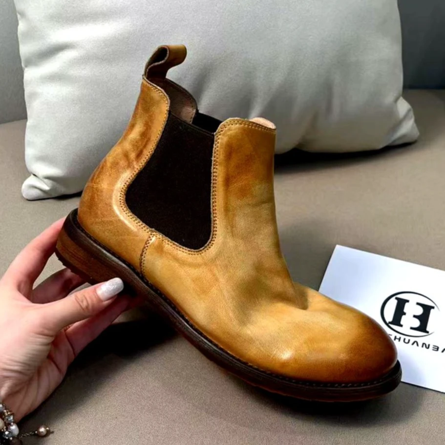 百搭皮靴皮鞋胶粘中筒粗跟秋冬复古圆女鞋切尔西靴英伦风短靴时尚