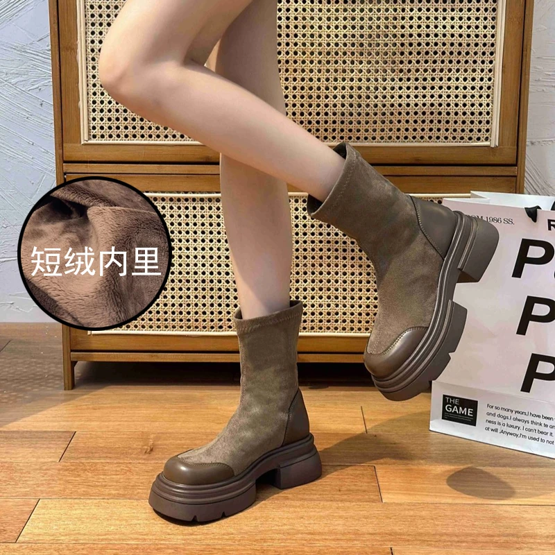 【加绒】秋冬保暖显瘦中筒弹力靴时尚百搭厚底短靴短绒增高马丁靴女