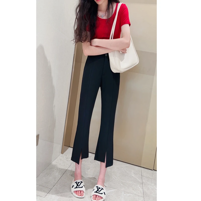 不规则开叉西装裤女夏季薄款宽松胖mm高腰大码垂感裤子九分微喇裤