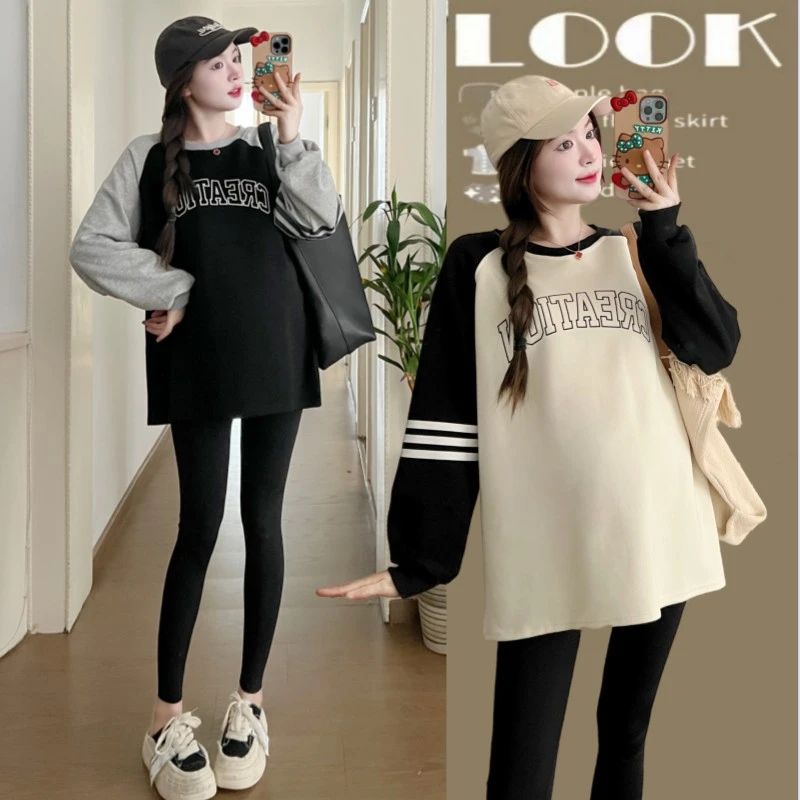 秋季外穿新款孕妇T恤长袖拼接卫衣连衣裙孕妇打底大码宽松上衣