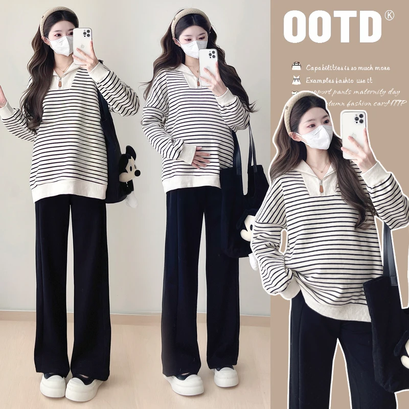 潮妈秋冬外穿孕妇条纹半拉链立领拼接宽松长袖直筒时尚休闲卫衣