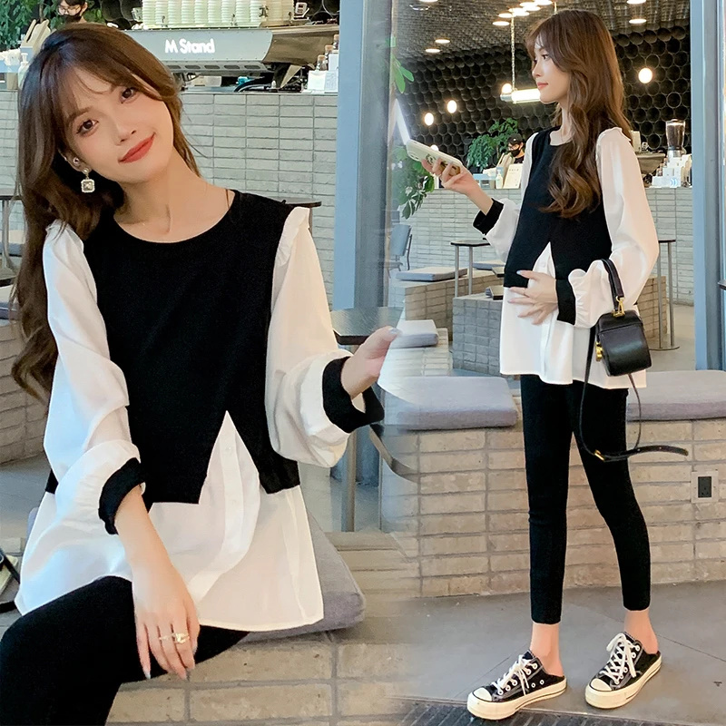 孕妇装春秋韩版遮肚长袖衬衣秋季洋气显瘦减龄撞色假两件上衣时尚