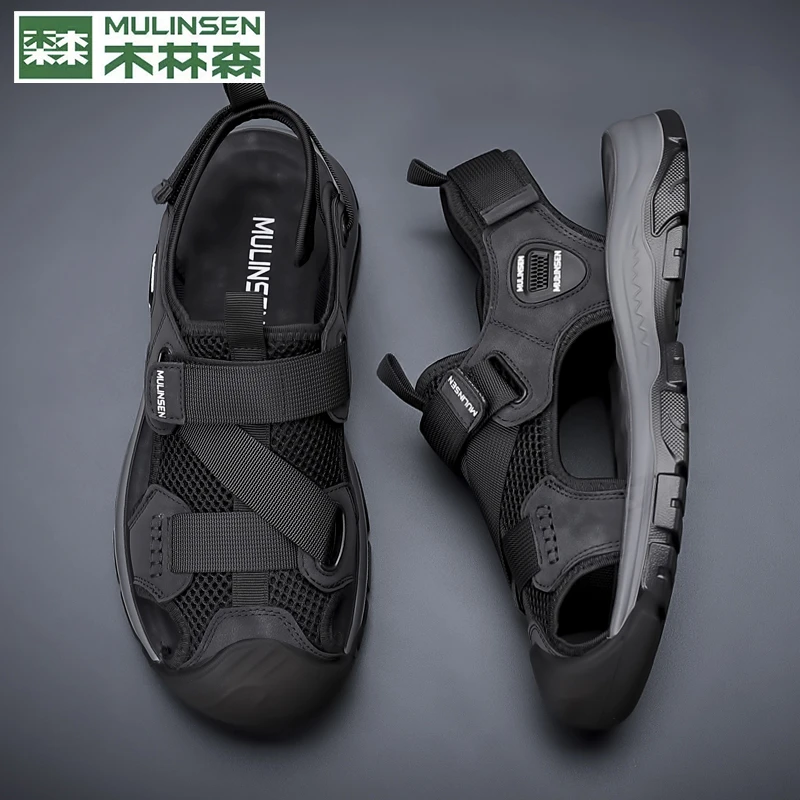 木林森男士夏季透气魔术贴运动包头凉鞋休闲外穿平底沙滩鞋新款男