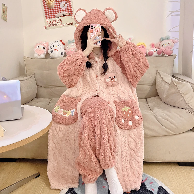 保暖搭子女士珊瑚绒睡衣秋冬季加厚加绒睡袍冬季法兰绒保暖家居服