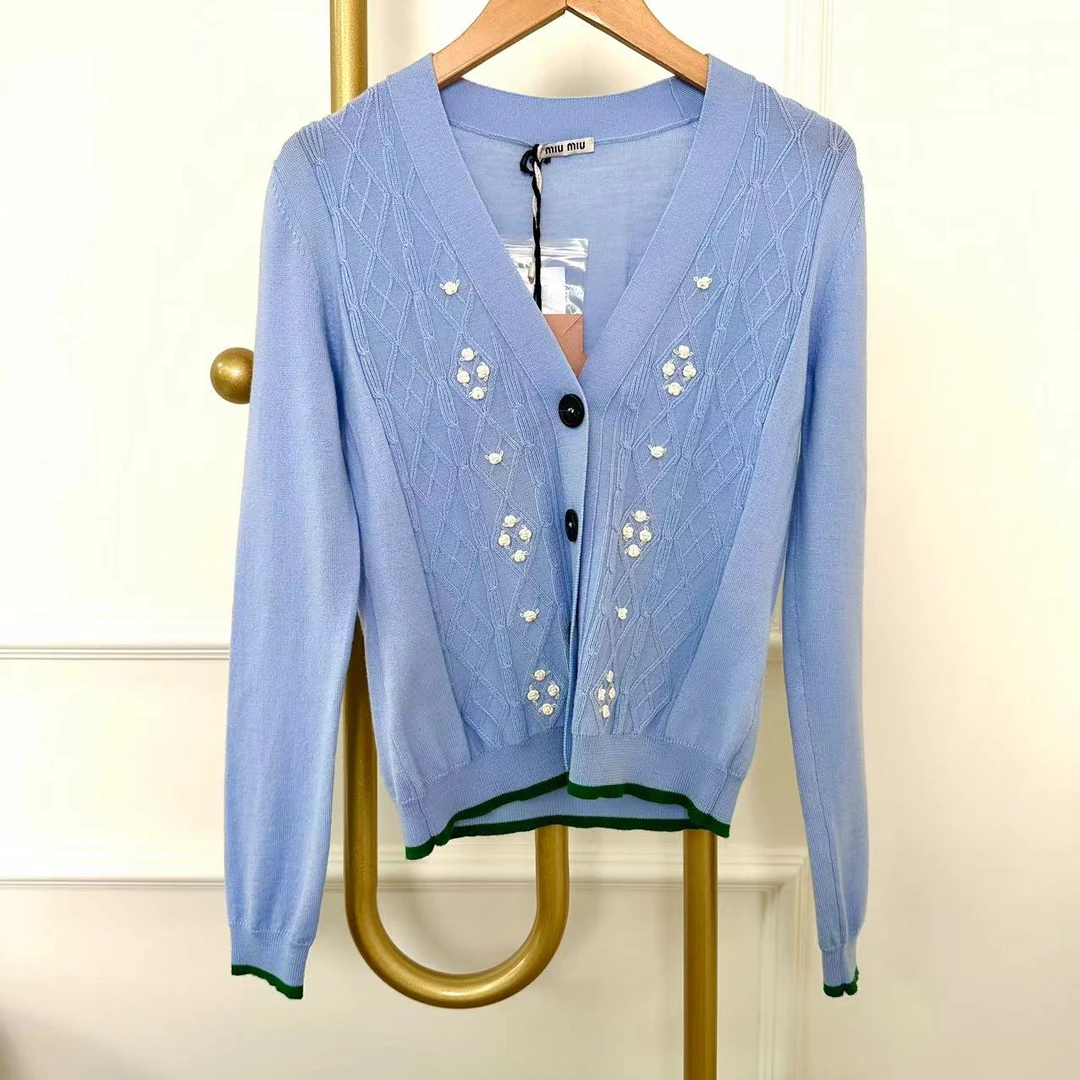 99新 MIU MIU/缪缪 38码 蓝色 拼绿色边 针织 开衫