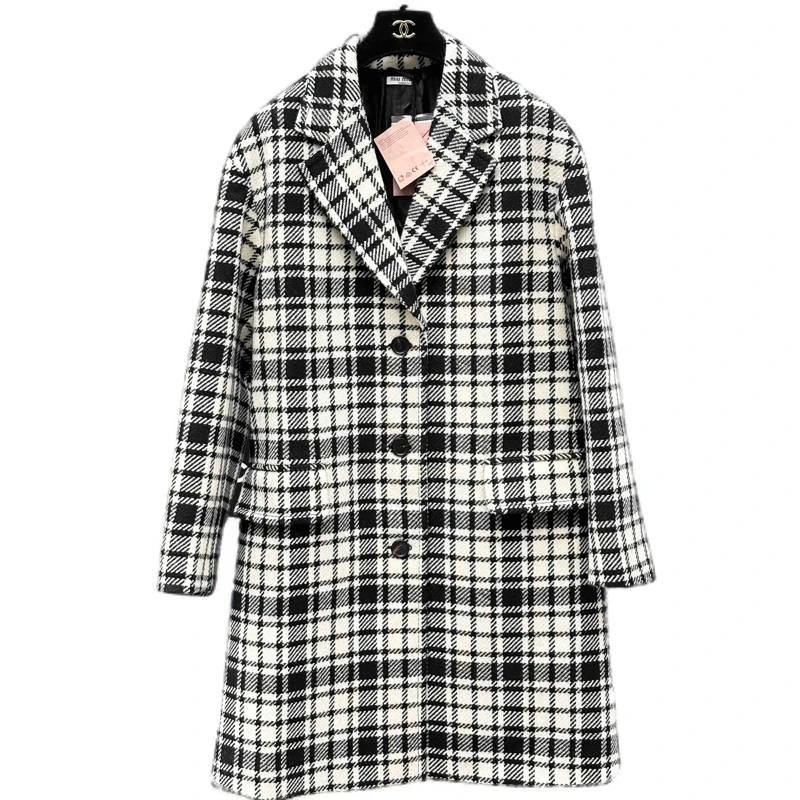 99新 MIU MIU/缪缪 36码 黑白格子羊毛大衣