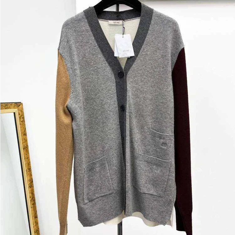 99新 Celine/思琳 M码 灰色拼酒红色拼棕色 长袖 针织 开衫