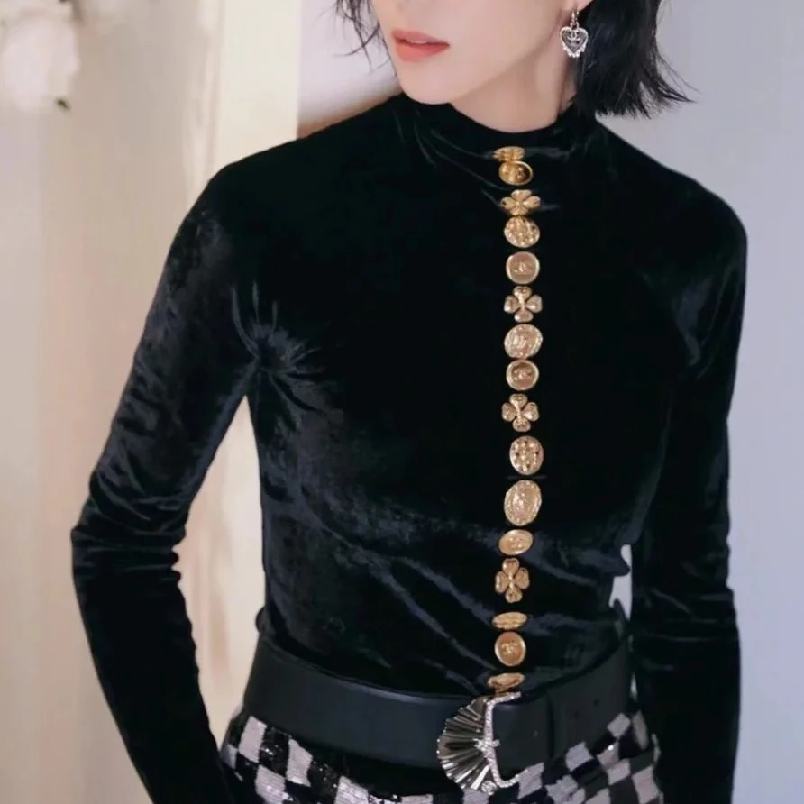 99新 Chanel/香奈儿 38码 黑色 金扣 丝绒 长袖 高领 上衣