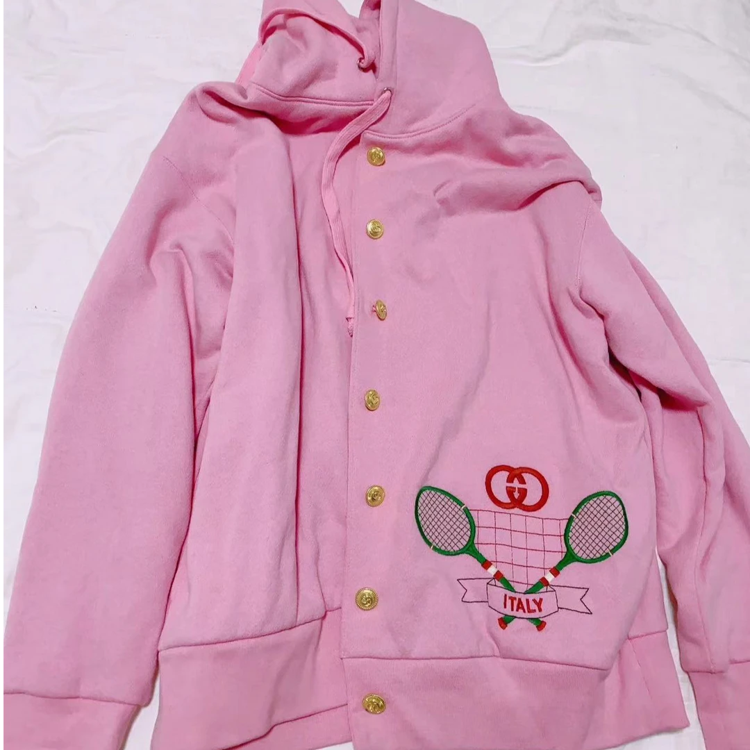 99新 GUCCI/古驰 M码 粉色 拼网球拍图案 长袖 连帽 外套
