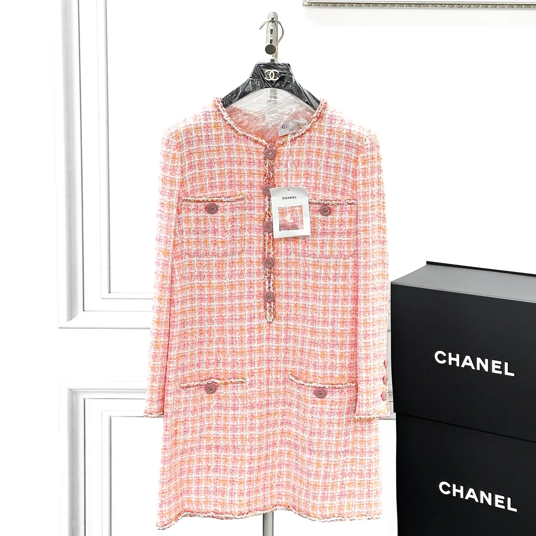 99新 Chanel/香奈儿 42码 橘粉色 编织 长袖 连衣裙