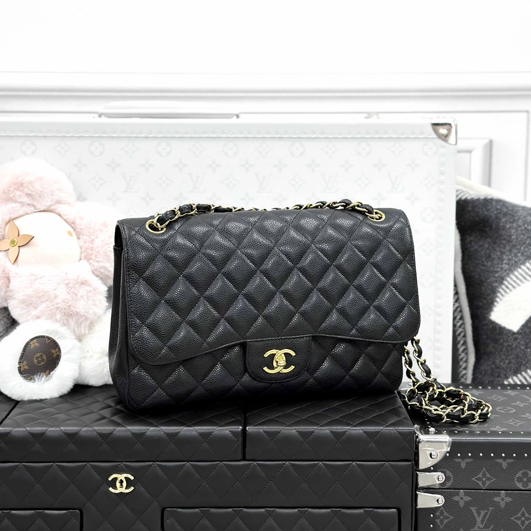 99新 Chanel/香奈儿 CF 大号 黑金 菱格纹 荔枝皮 链条包