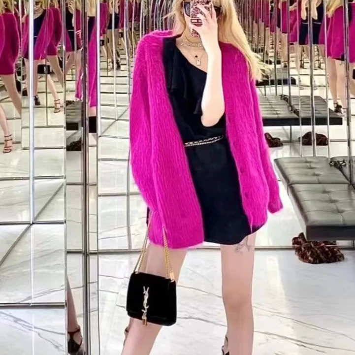 99新  Saint Laurent Paris xs码 紫色 马海毛 长袖长款 开衫