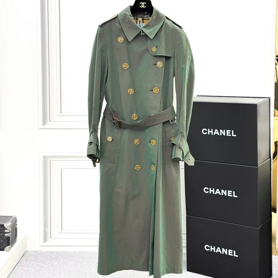99新 BURBERRY/博柏利 36码 军绿色 长袖长款 风衣 有腰带