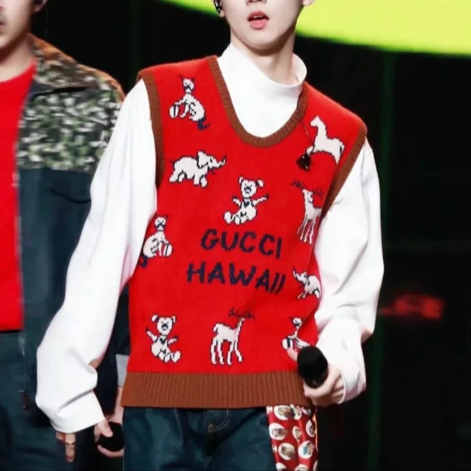 99新 GUCCI/古驰 XS码 红色拼酒红色 动物图案 无袖 针织 背心