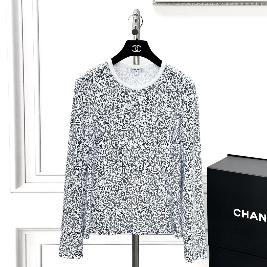 99新 Chanel/香奈儿 40码21P春夏预告蓝色logo白色长袖T恤