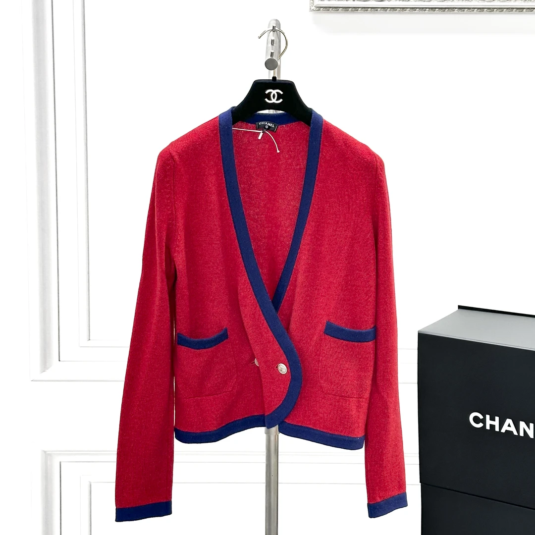 99新 Chanel/香奈儿 38码 瀑布系列 红色蓝边针织上衣