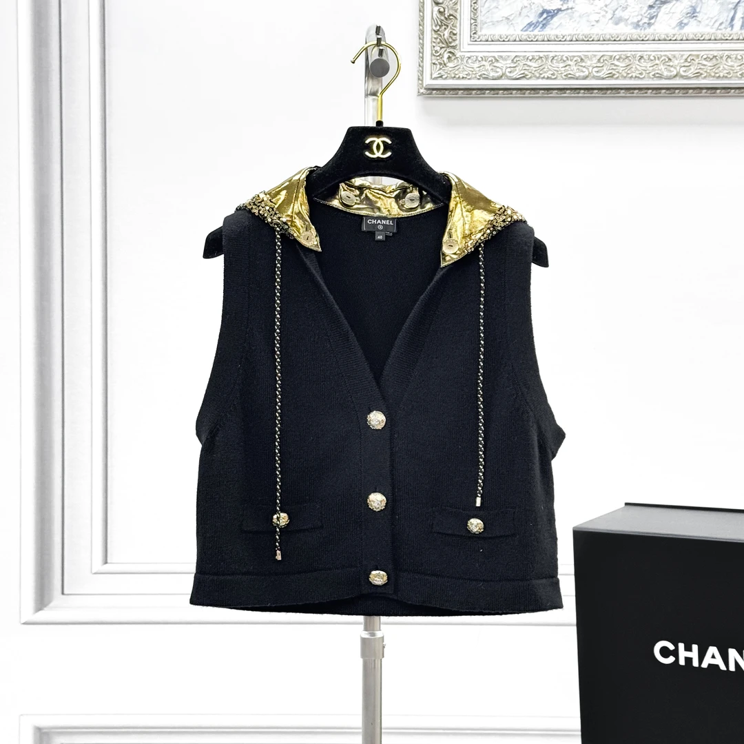 99新 Chanel/香奈儿 40码黑色拼金色亮片无袖连帽马甲