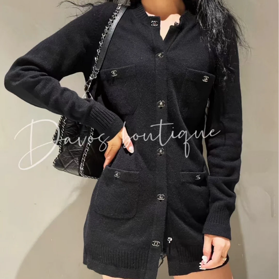 99新 Chanel/香奈儿  38码黑色书包扣四口袋针织长袖连衣裙