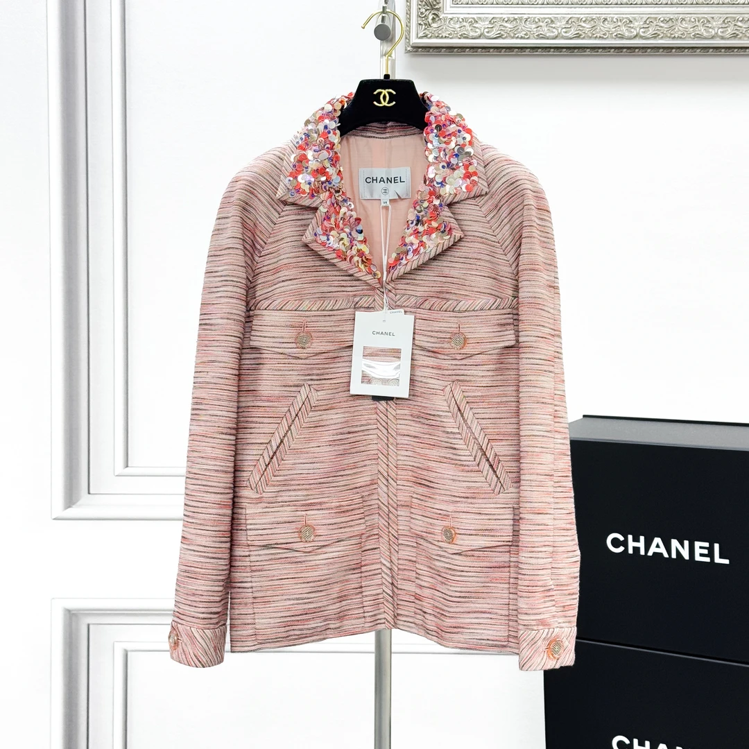 99新 Chanel/香奈儿 38码20早春粉色四口袋亮片外套