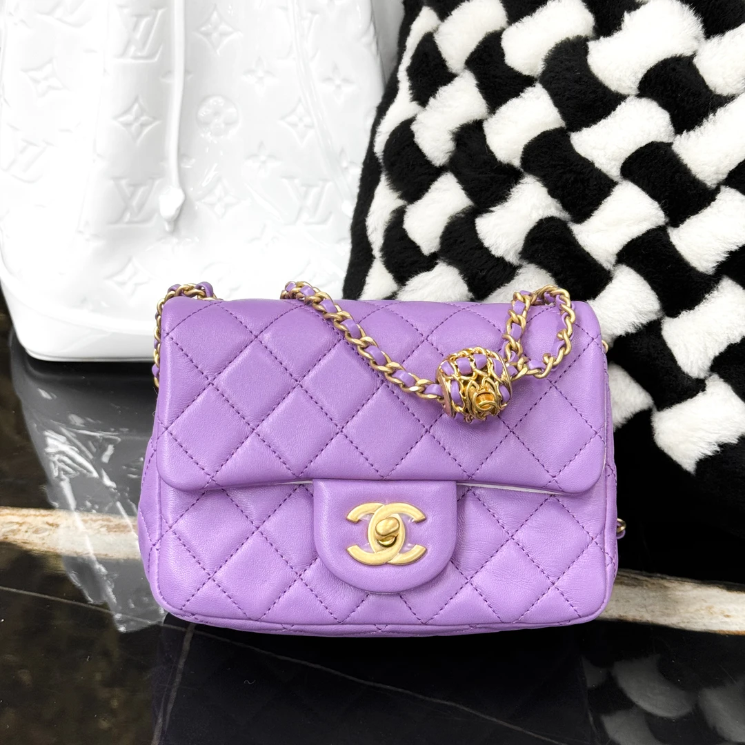 99新 Chanel/香奈儿 22S紫色核桃金球方胖子，芯片款
