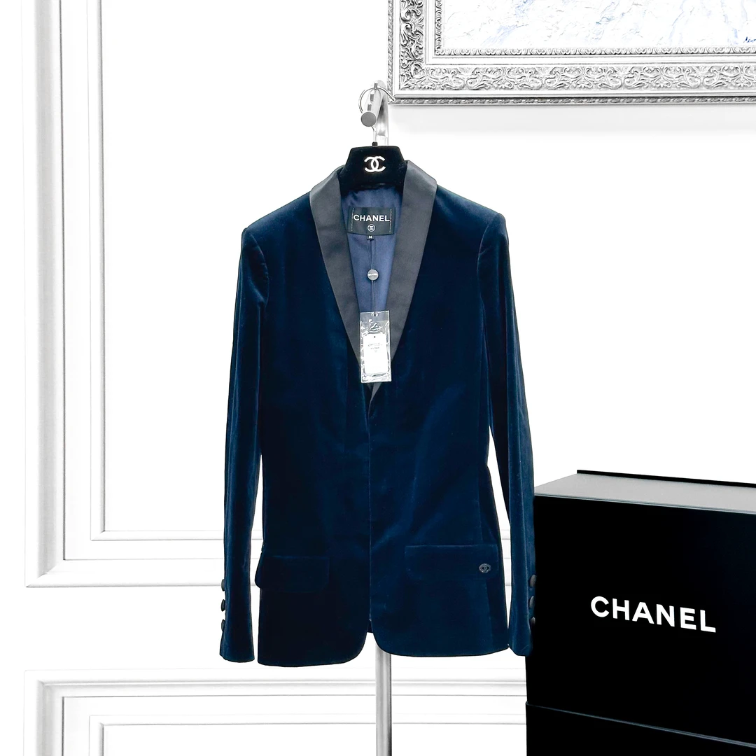 99新 Chanel/香奈儿 36码 藏蓝色丝绒 拼黑色缎面 长袖 外套