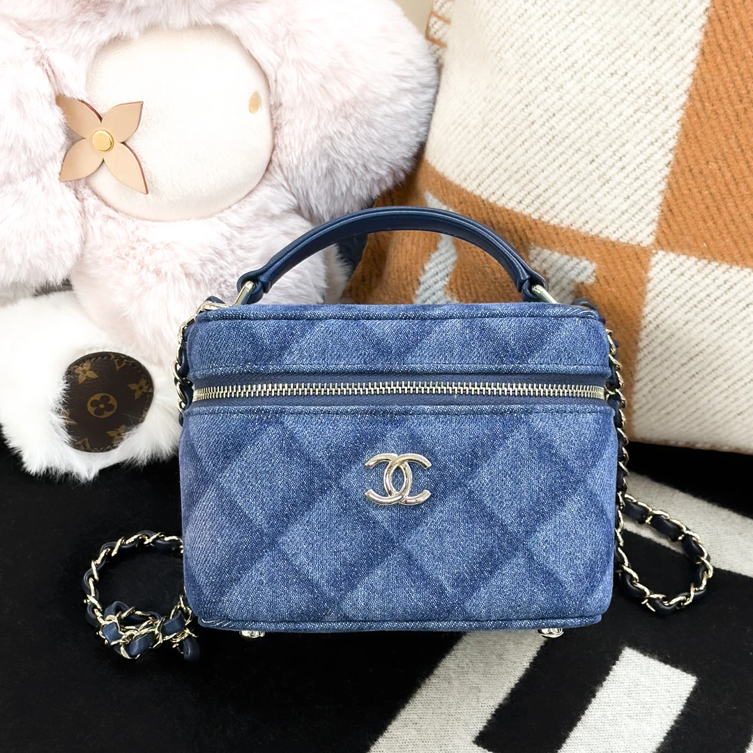99新 Chanel/香奈儿 22B蓝色丹宁菱格纹手柄链条包
