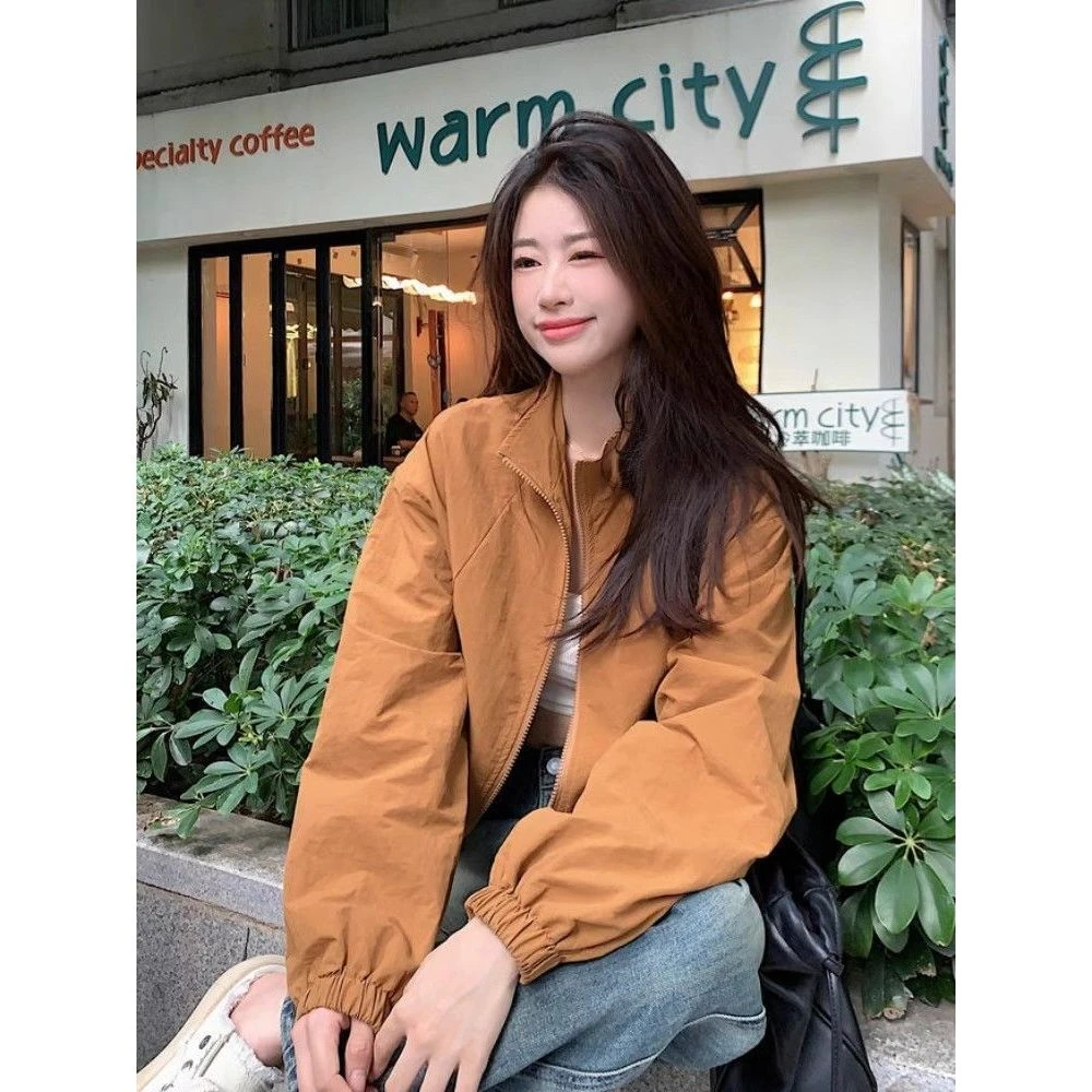 美式短款黑色冲锋衣外套女春季2025年新款小个子拉链开衫夹克风衣