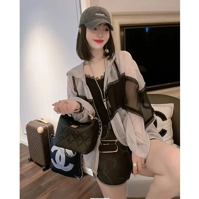 欧货蕾丝拼接连帽防晒衣女夏季薄款设计师超仙透气防晒服上衣外套
