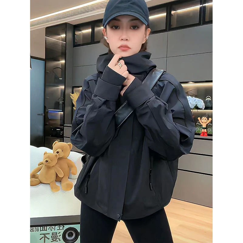 欧货潮牌短外套风衣女秋冬休闲宽松重工连帽冲锋衣痞酷夹克上衣潮