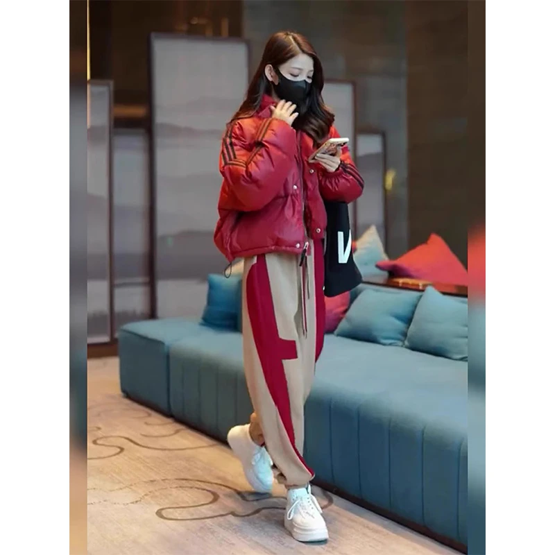 红色休闲运动套装女韩时尚宽松加厚棉服加绒卫裤冬季搭配一整套潮