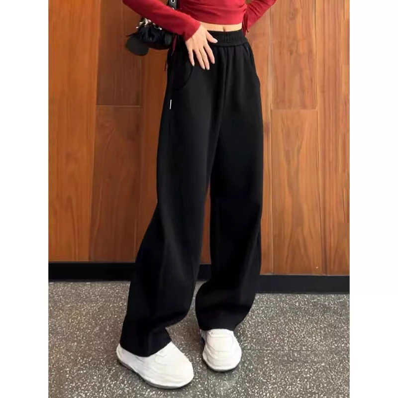 美式高街黑色运动卫裤女2024秋季新款高腰直筒裤小个子宽松休闲裤