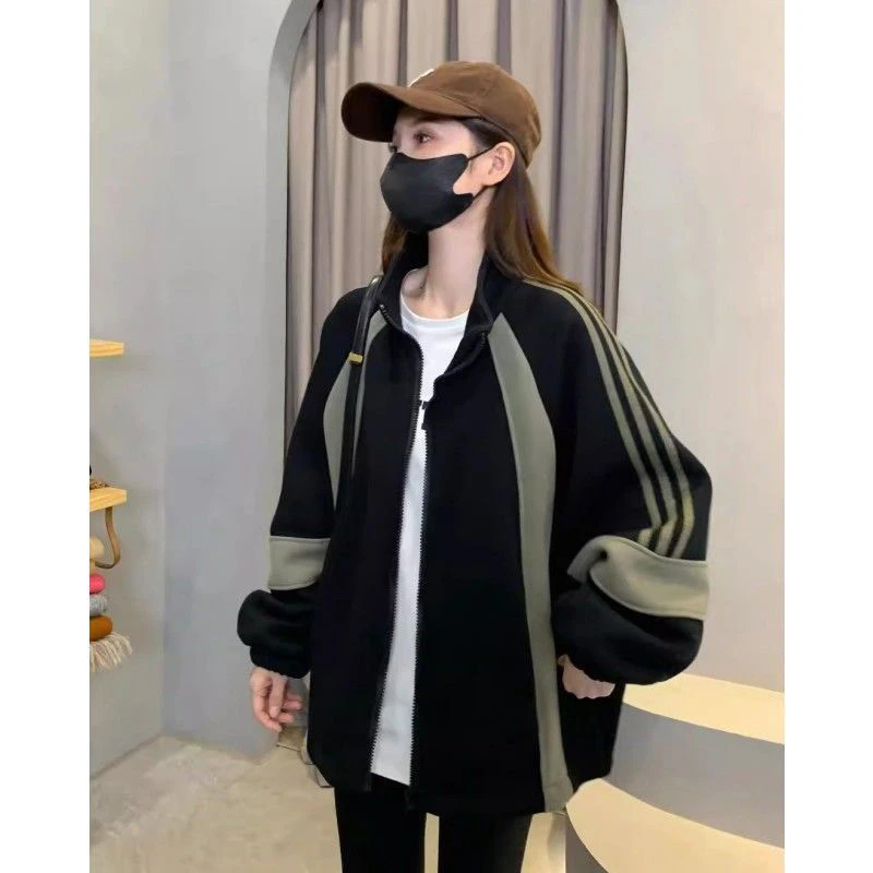 潮流美式复古撞色休闲棒球服夹克外套女春季新款三条杠小个子卫衣